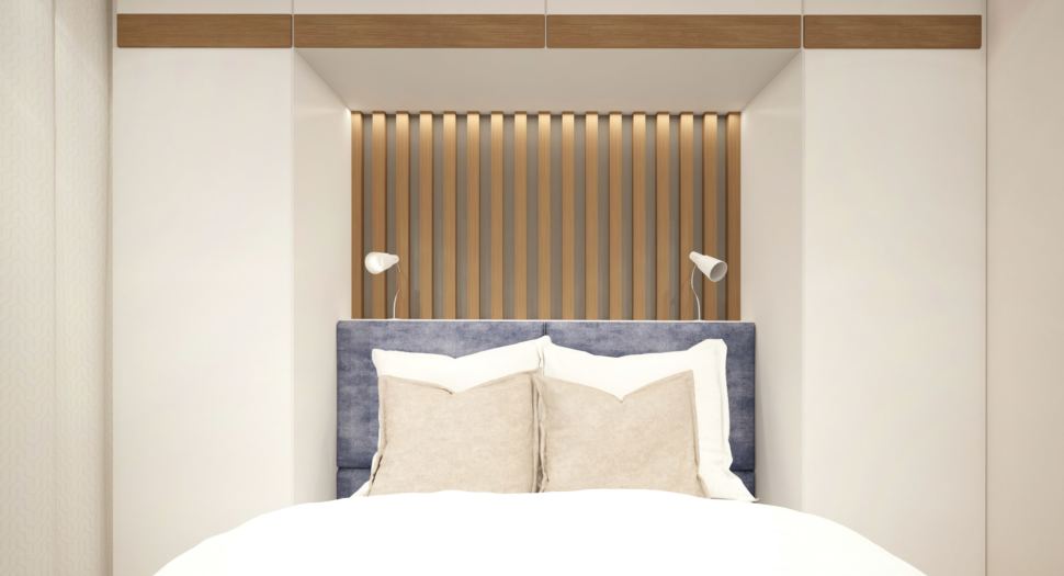 Дизайн-проект гостевой спальни 15 кв.м в коттедже в древесных тонах в сочетании со сложно-синим оттенком, белый шкаф, люстра