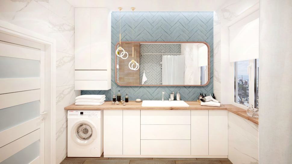 Ванная комната 10 кв.м с синими оттенками, стиральная машинка, зеркало, раковина, белый шкаф, мрамор