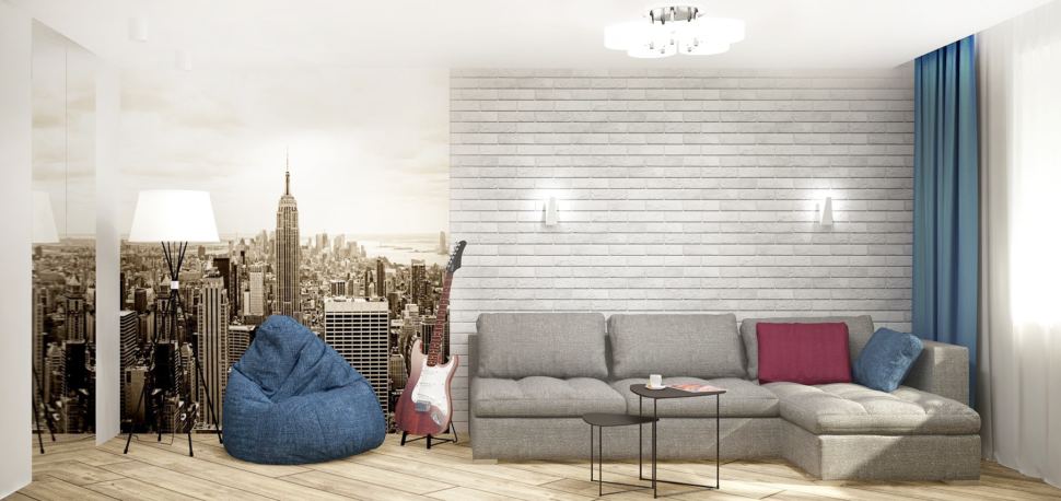 Визуализация гостиной 18 кв.м с угловым диваном в теплых тонах с бордовыми оттенками, зеркало, тумба под ТВ, синие кресло, серый диван