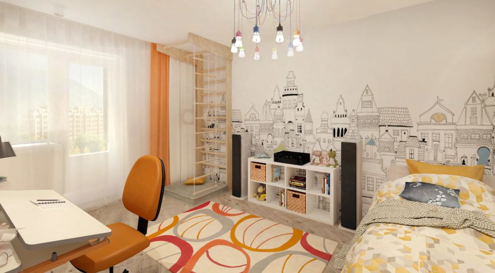 Дизайн-проект детской комнаты с оранжевыми и бежевыми акцентами 14 кв.м, шведская стенка, белая тумба, кровать, фотообои