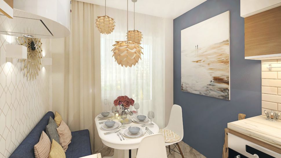 Дизайн-проект кухни 10 кв.м в светло-бежевых тонах с синими оттенками, белый кухонный гарнитур, обеденный стол, стулья