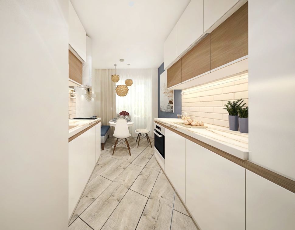 Проект кухни в белых тонах 10 кв.м, белый кухонный гарнитур, бежевый ламинат, белые обеденные стулья