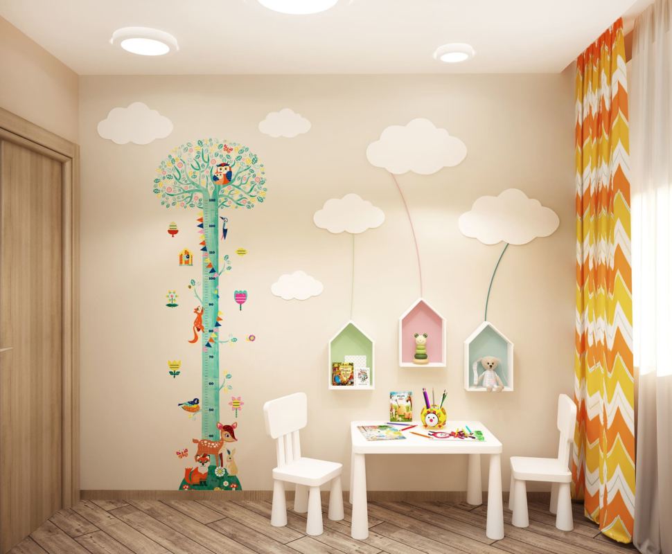 Дизайн интерьера детской 8 кв.м для 2-х детей в современном стиле с зелеными оттенками, детский стол, белый детский стул, кровать width=