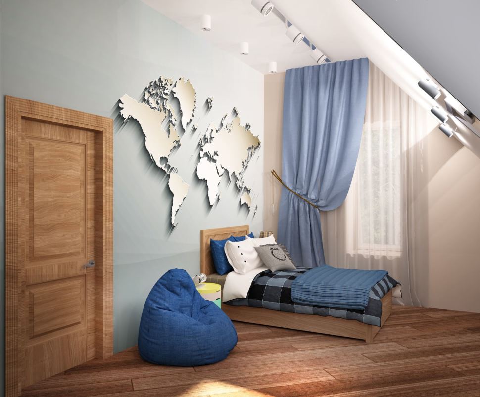 Визуализация детской комнаты для мальчика 20 кв.м в коттедже с бежевыми оттенками в сочетании серо-синими оттенками, кровать, рабочий стол