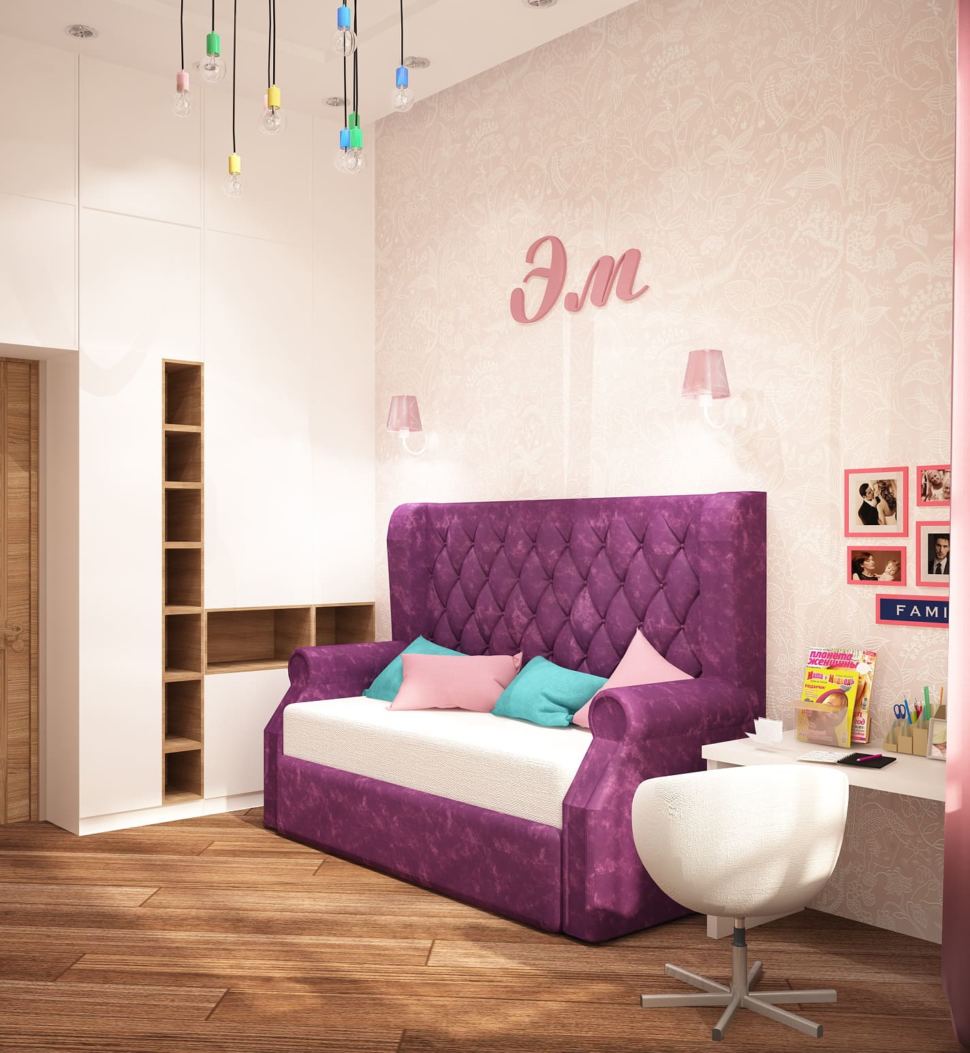 Визуализация детской для девочки 13 кв.м в розовых тонах, розовое кресло, стол, фиолетовый диван, шкаф