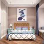 Дизайн гостевой комнаты 20 кв.м в голубых тонах, кровать, шкаф, голубой комод, прикроватная тумбочка