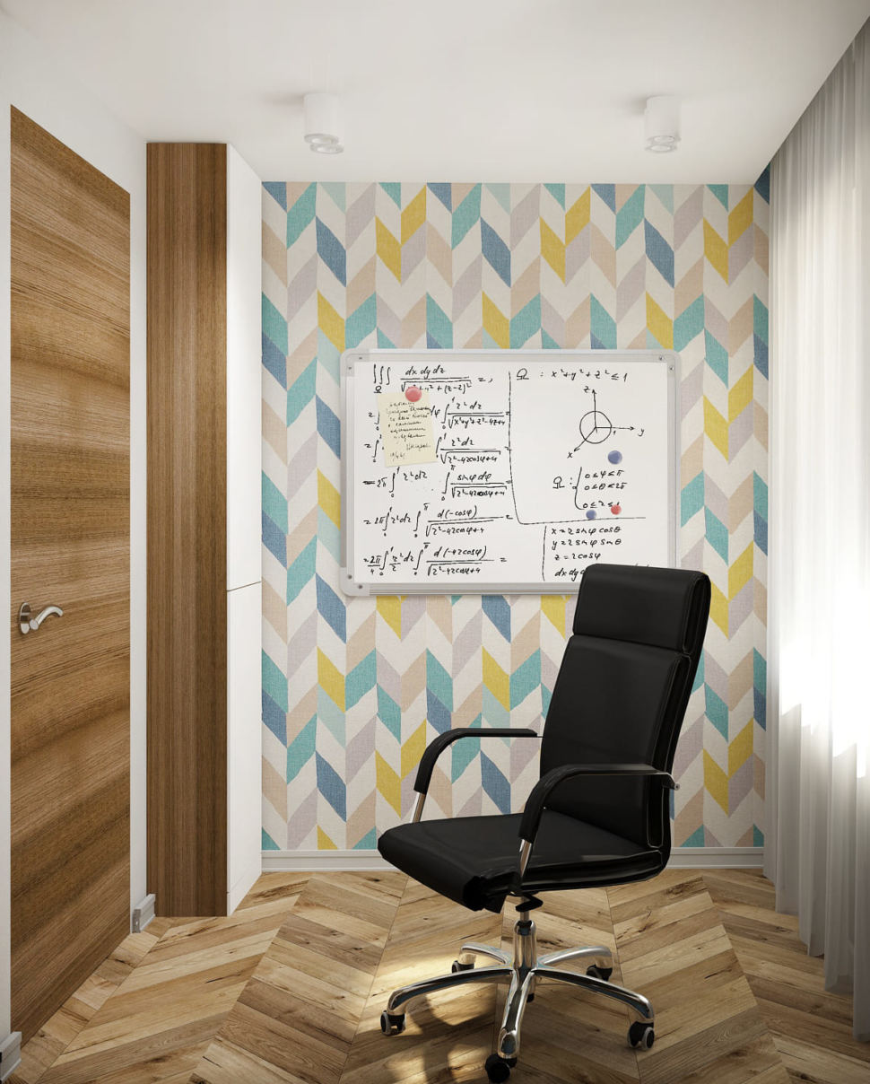 Дизайн-проект кабинета в теплых тонах 14 кв.м, черный офисный стул, бежевый паркет, доска, акцентные геометрические обои