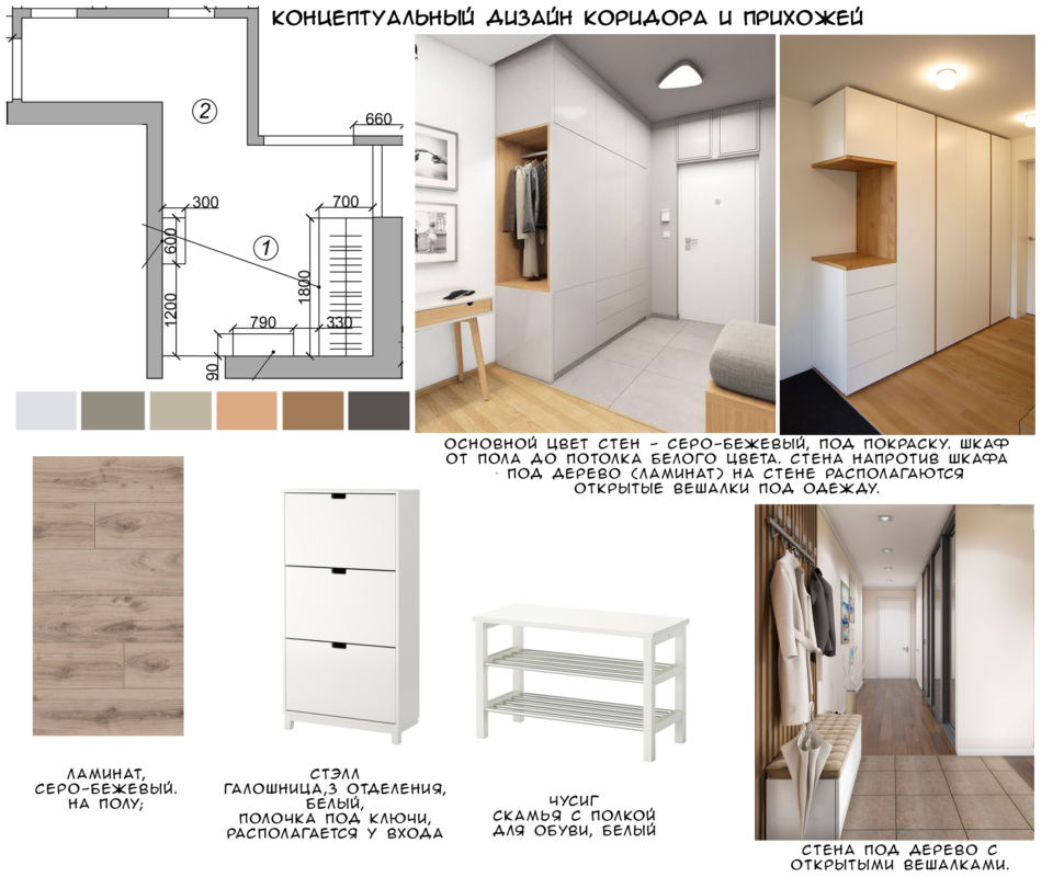 Концептуальный дизайн коридора 4 кв.м и прихожей 8 кв.м, белая галошница, белая скамья, светло-бежевый ламинат, белый шкаф, вешалка
