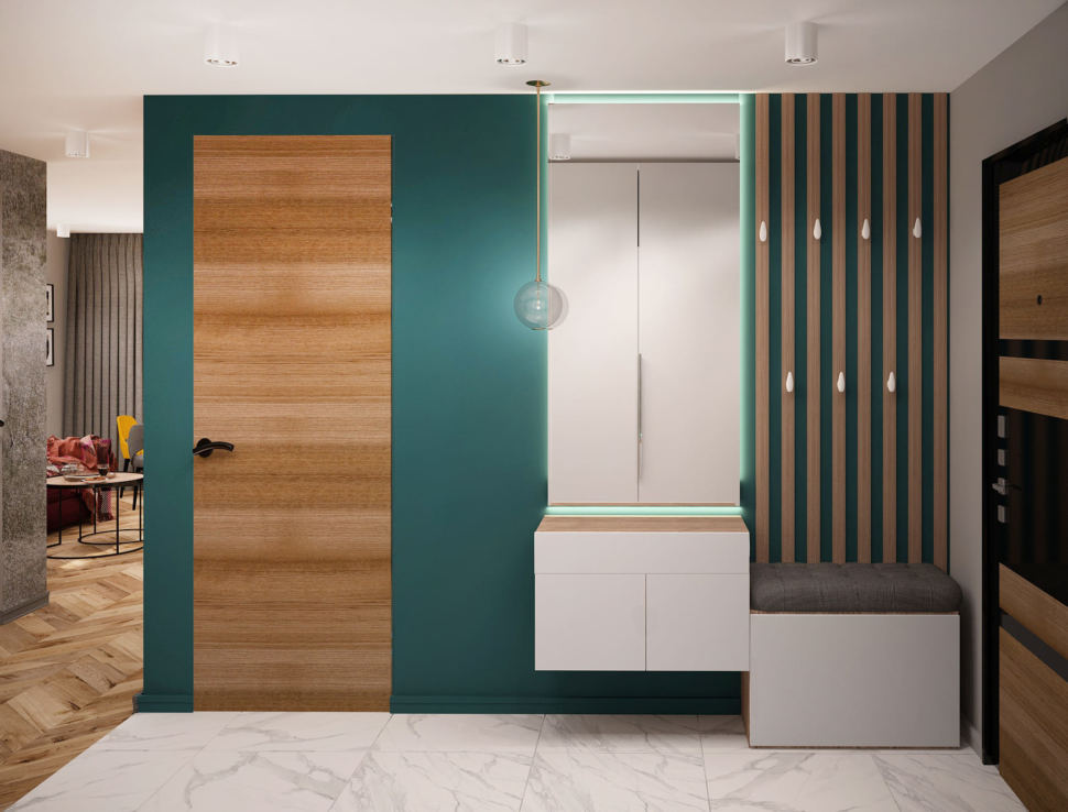 Дизайн интерьера прихожей 7 кв.м и коридора 6 кв.м в современном лофте с древесными и серыми оттенками, зеркало, подвесной светильник, плитка