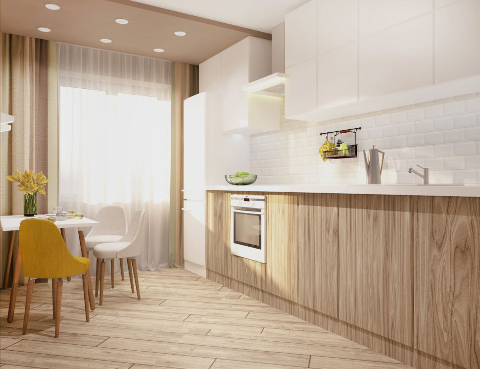 Дизайн-проект кухни в белых тонах 11 кв.м, обеденный стул, обеденные стулья, кухонный гарнитур, холодильник, кофейные шторы