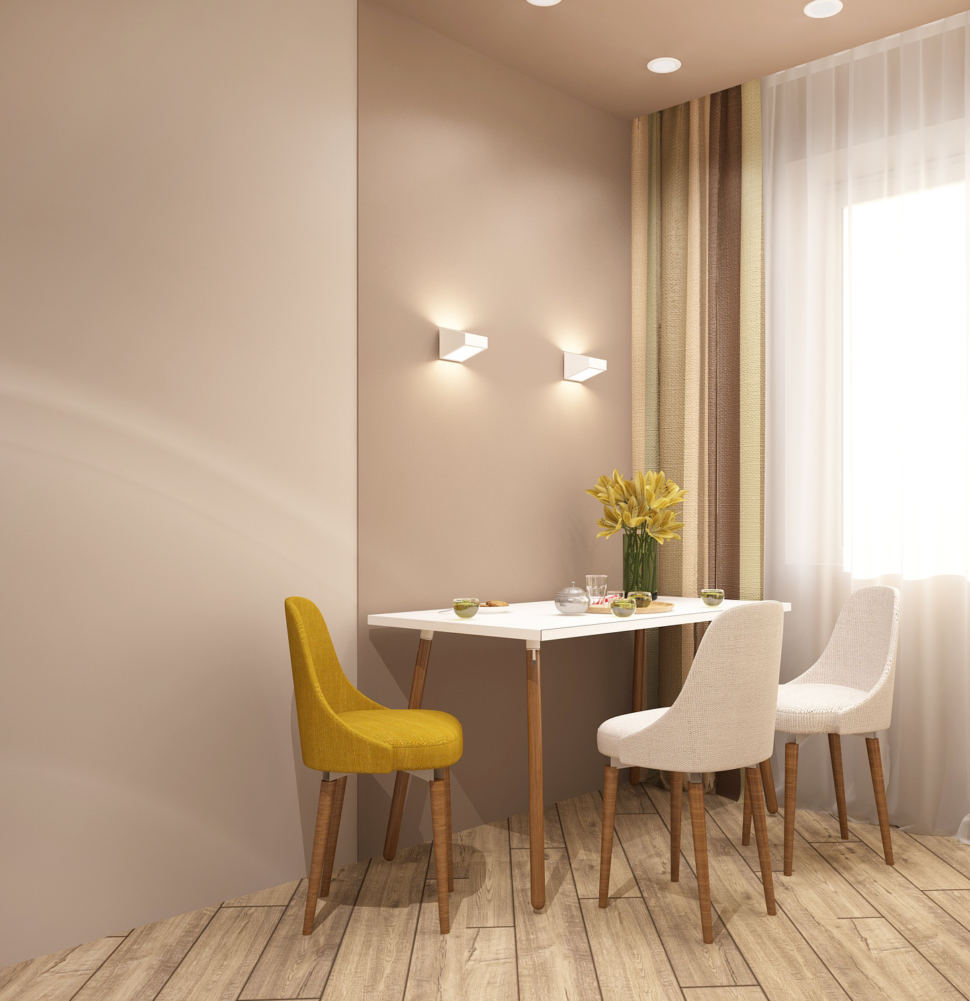 Визуализация кухни в белых тонах 11 кв.м, белый обеденный стол, потолочные светильники, бежевый ламинат, желтый стул, белые стулья