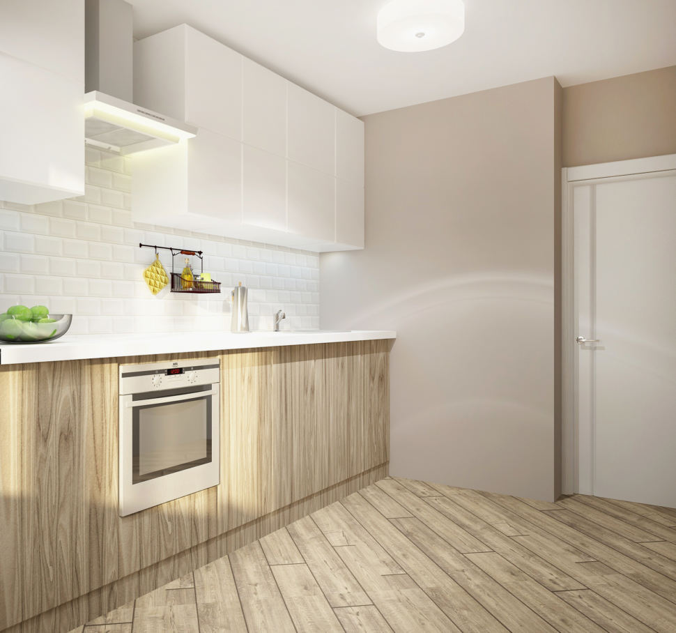 Дизайн интерьера кухни в белых тонах 11 кв.м, подвесные полки, кухонный гарнитур, белый духовой шкаф, бежевый ламинат, светильники