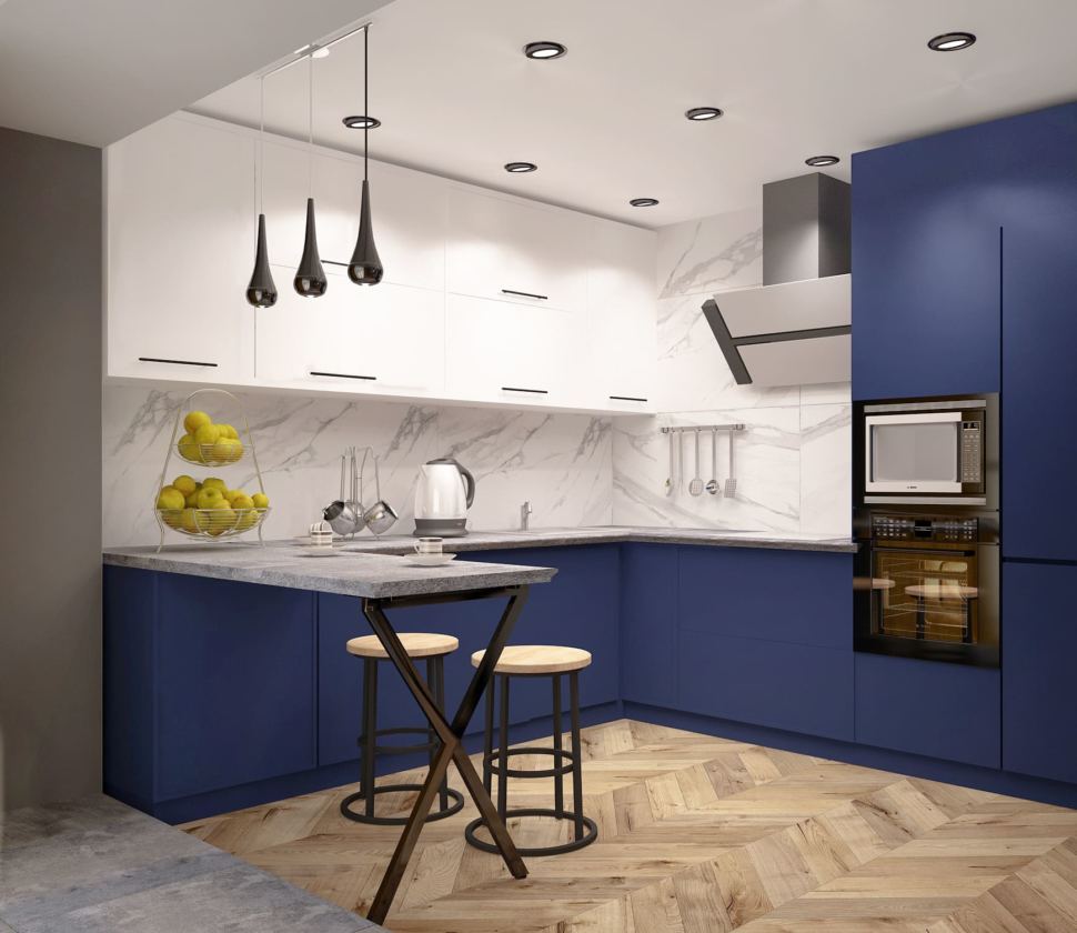 Дизайн интерьера кухни 14 кв.м в синих тонах с желтыми оттенками, светильник, желтые шторы, вытяжка, плита, барные стулья