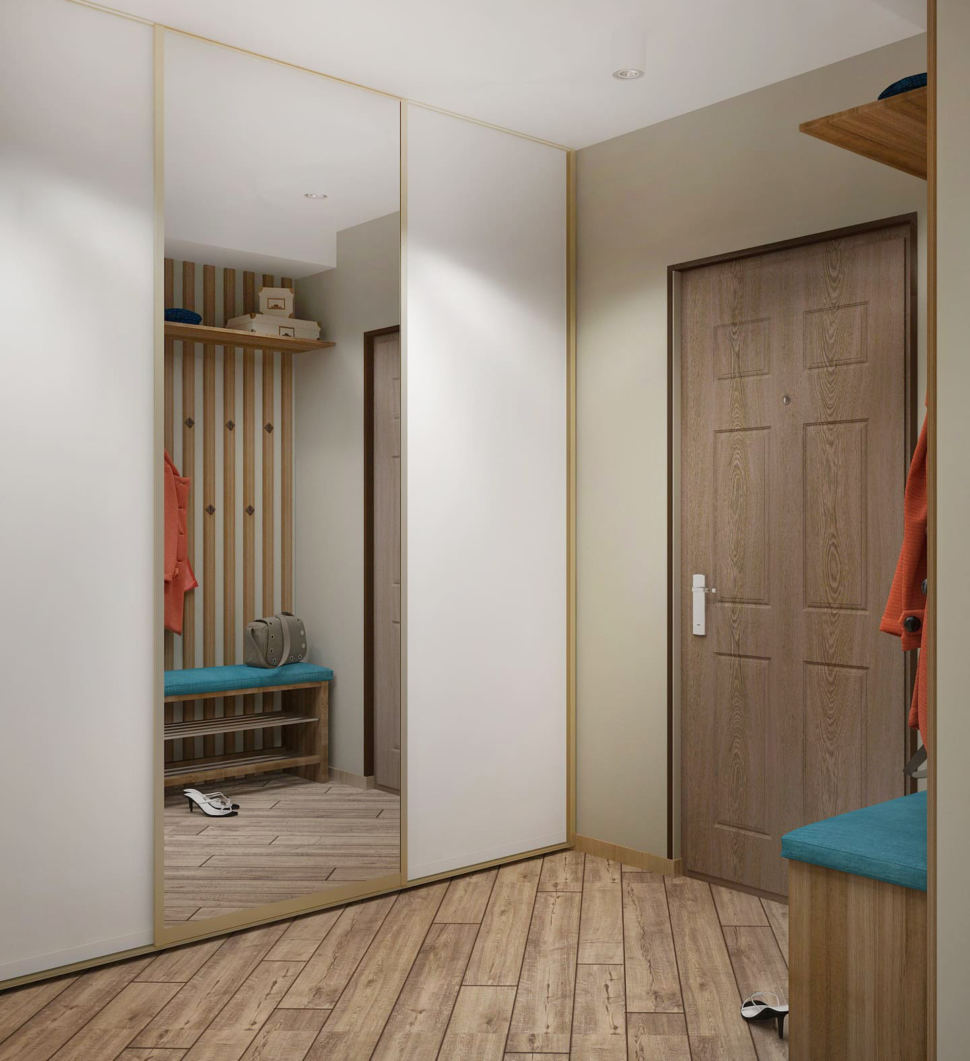 Дизайн интерьера прихожей-коридора 7 кв.м в 2-х комнатной квартире с бежевыми оттенками, скамья с полкой для обуви под дерево, зеркало