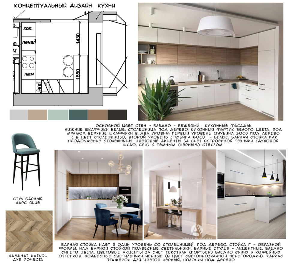 Концептуальный дизайн кухни 14 кв.м. в синих тонах, барная стойка, ламинат, барный стул, кухонный гарнитур, портьер
