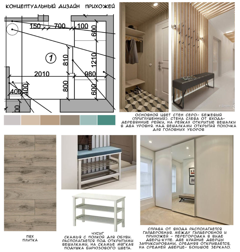 Концептуальный дизайн прихожей-коридора 7 кв.м в 2-х комнатной квартире с бирюзовыми и древесными оттенками, белая скамья с полкой для обуви 
