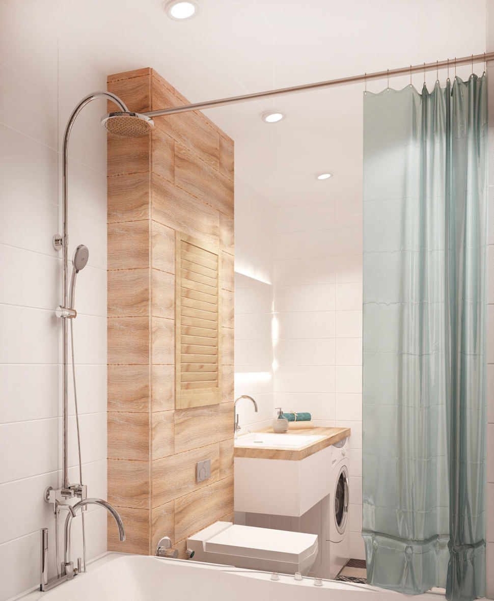 Визуализация ванной 6 кв.м в 2-х комнатной квартире с бежевыми оттенками, белая ванная, унитаз, геометрическая плитка, раковина, зеркало