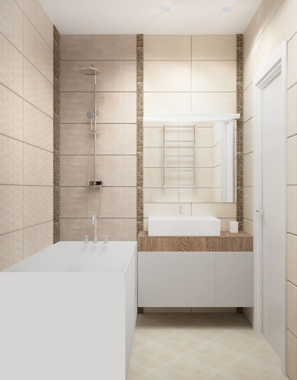 Дизайн-проект ванной комнаты в белых тонах 3 кв.м, ванна, душ, белая подвесная тумба, раковина, зеркало, плитка
