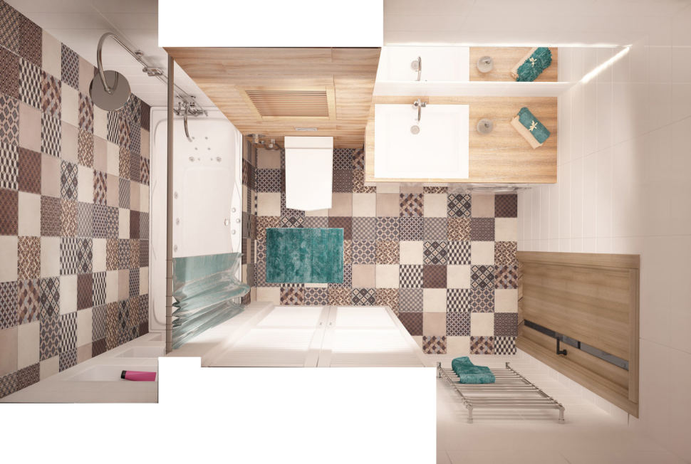 Дизайн-проект ванной 6 кв.м в 2-х комнатной квартире с древесными оттенками, белая ванная, унитаз, геометрическая плитка, раковина, зеркало