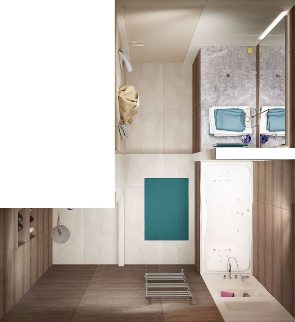 Дизайн-проект ванной комнаты в бежевых тонах 7 кв.м, ванна, душевая кабинка, раковина, зеркало