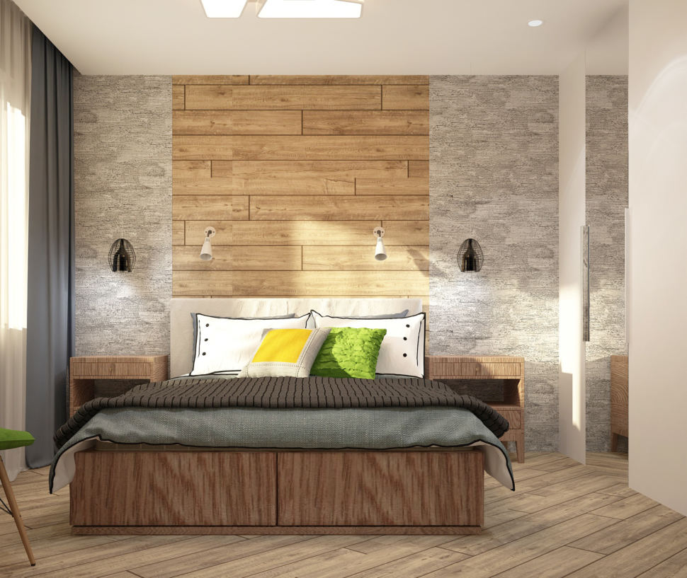 Дизайн интерьера спальни в теплых тонах 12 кв.м, кровать, прикроватные тумбы, светильники, белый шкаф, зеркало, синие шторы
