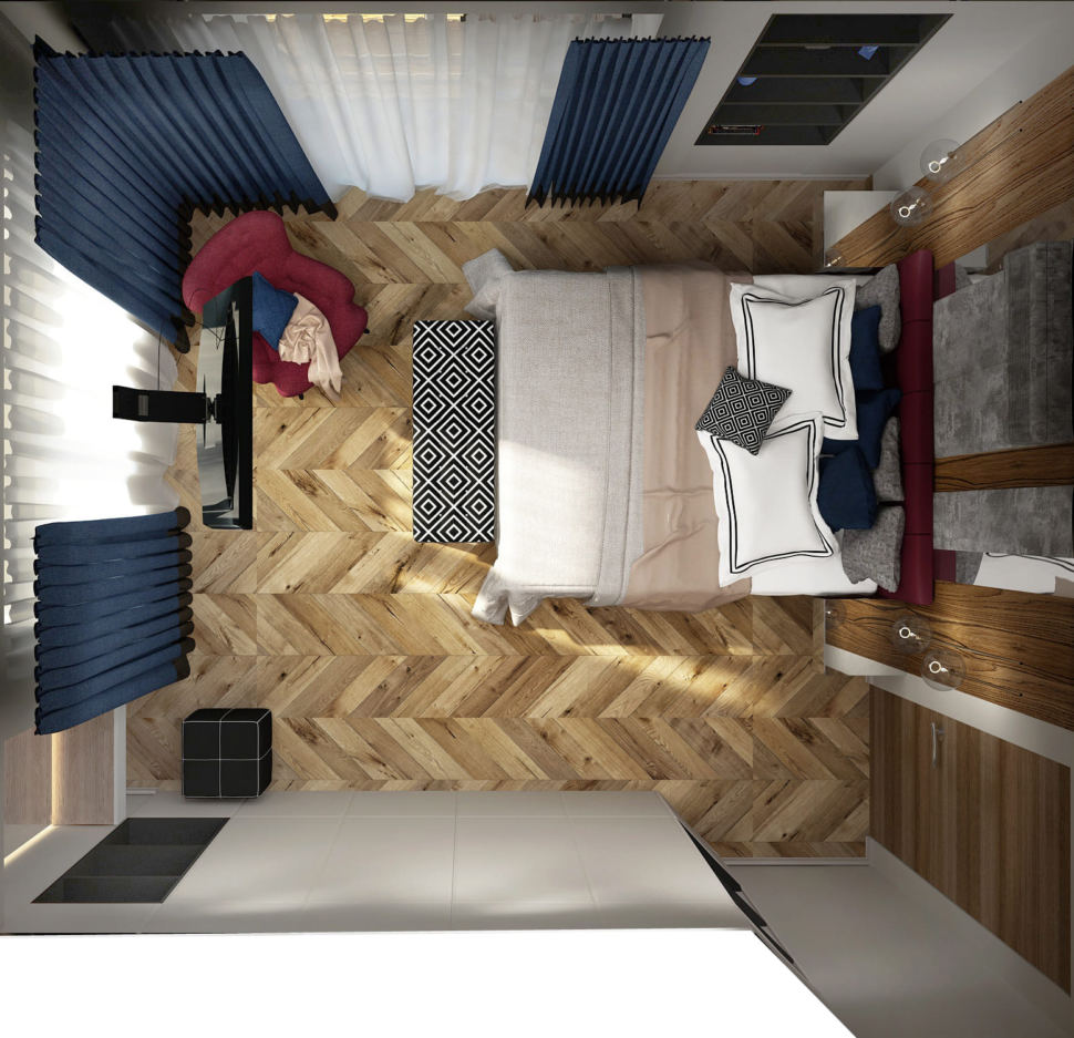 Визуализация спальни с бордовыми и синими оттенками 16 кв.м, кровать, бордовое кресло, полки, белый шкаф