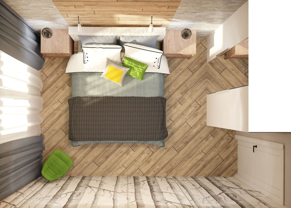 Дизайн интерьера спальни в теплых тонах 12 кв.м, кровать, зеленый стул, прикроватные тумбочки, подвесные светильники
