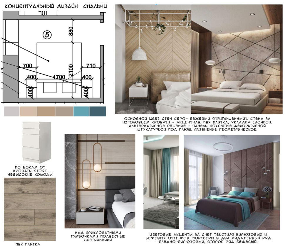 Концептуальный дизайн спальни 9 кв.м с древесными и бирюзовыми оттенками, пвх плитка, белый комод, подвесные светильники 