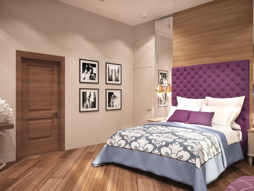 Дизайн спальни 23 кв.м с бирюзовыми оттенками, бирюзовый текстиль, зеркало, прикроватные тумбочки