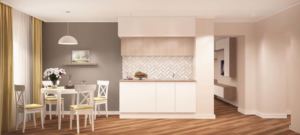 Визуализация кухни 14 кв.м в в белых и древесных тонах, желтые портьеры, белый обеденный стол, стулья, пвх плитка