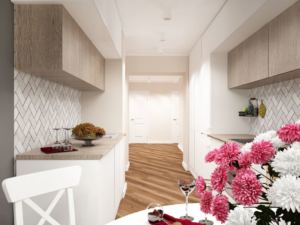 Проект кухни 14 кв.м в серых и белых тонах, кухонный гарнитур, обеденный стол, светильники