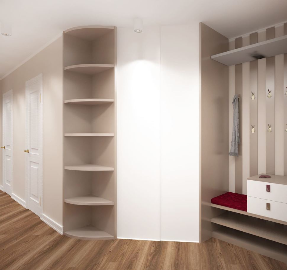 Визуализация коридора 14 кв.м в белых и древесных оттенках, белый шкаф, вешалка, ламинат, потолочные светильники