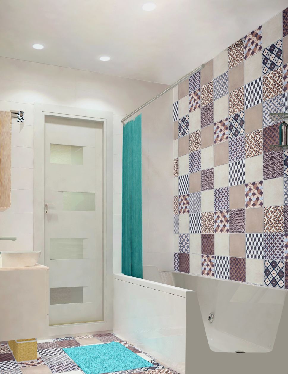 Дизайн ванной комнаты 3 кв.м. в теплых тонах, мойка, зеркальный шкаф, полотенцесушитель, плитка керамическая, орнамент