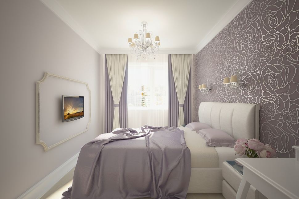 Дизайн спальни 16 кв.м в серых тонах, белые портьеры, кровать, прикроватная тумба, обои, телевизор