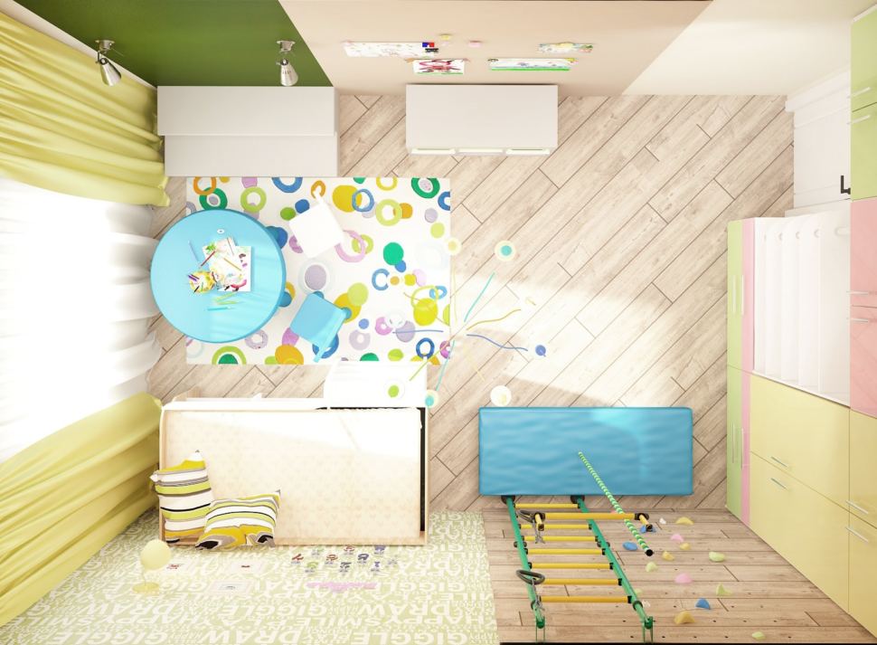 Дизайн-проект детской 14 кв.м, синий детский стол, кровать, шкаф, шведская стенка, светильники, ковер