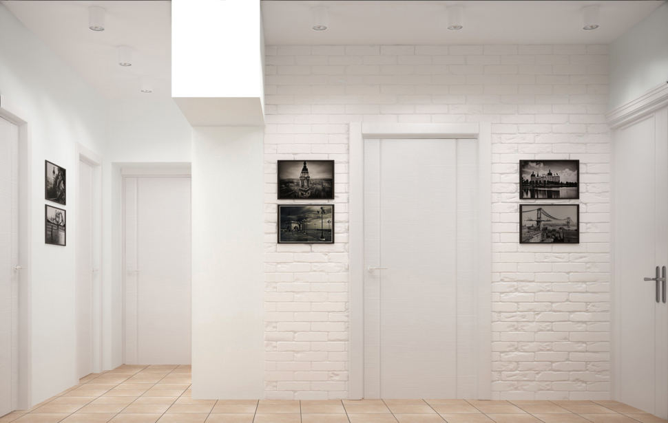 Визуализация коридора 9 кв.м в черных тонах, декоративные обои, потолочные светильники, элементы декора