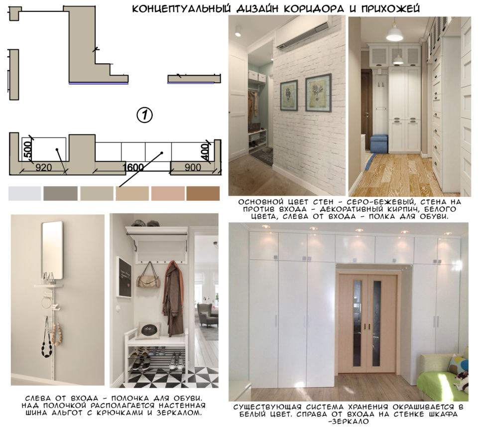 Концептуальный дизайн коридора 9 кв.м в белых и черных тонах, открытая вешалка, белый шкаф, пвх плитка 