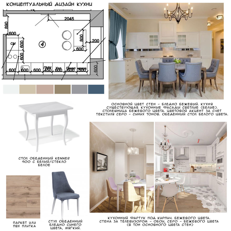 Концептуальный дизайн кухни 12 кв.м в синих тонах, белый обеденный стол, кухонный гарнитур, стул, пвх плитка 