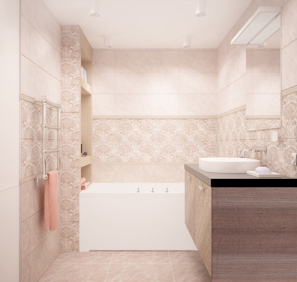 Визуализация ванной комнаты 6 кв.м в теплых оттенках,тумба под дерево, ванна, керамическая плитка, зеркало, раковина
