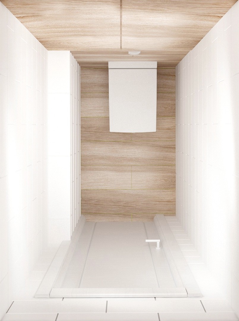 Визуализация санузла 2 кв.м в светлых тонах, керамический гранит, унитаз, шкаф под бойлер, дверь