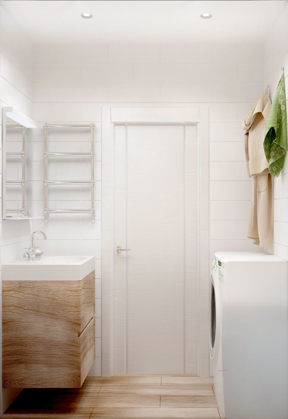 Визуализация ванной комнаты 3 кв.м, керамическая плитка под дерево, стиральная машина, полки, мойка, зеркало, полотенцесушитель
