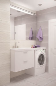 Визуализация ванной комнаты 6 кв.м в лавандовых тонах, стиральная машинка, подвесная тумба, раковина