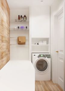 Проект ванной комнаты 3 кв.м в белых и древесных тонах, полки-ниши, стиральная машинка, белый шкаф