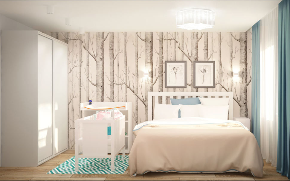 Проект спальни 13 кв.м в светлых тонах с бирюзовыми акцентами, кровать, обои, колыбель, белый пеленальный столик, белый шкаф