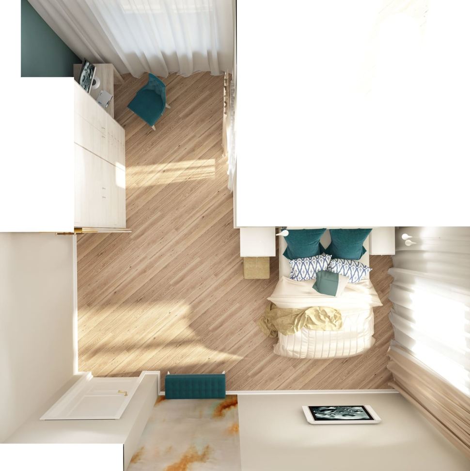 Визуализация спальни 22 кв.м в бежевых тонах с синими акцентами, штукатурка, туалетный столик, кровать, подвесной светильник