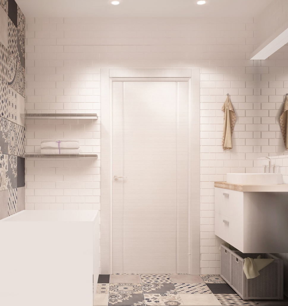 Проект ванной комнаты 4 кв.м в теплых оттенках, орнамент, мойка, ванна, керамическая плитка под дерево, полочки-ниши